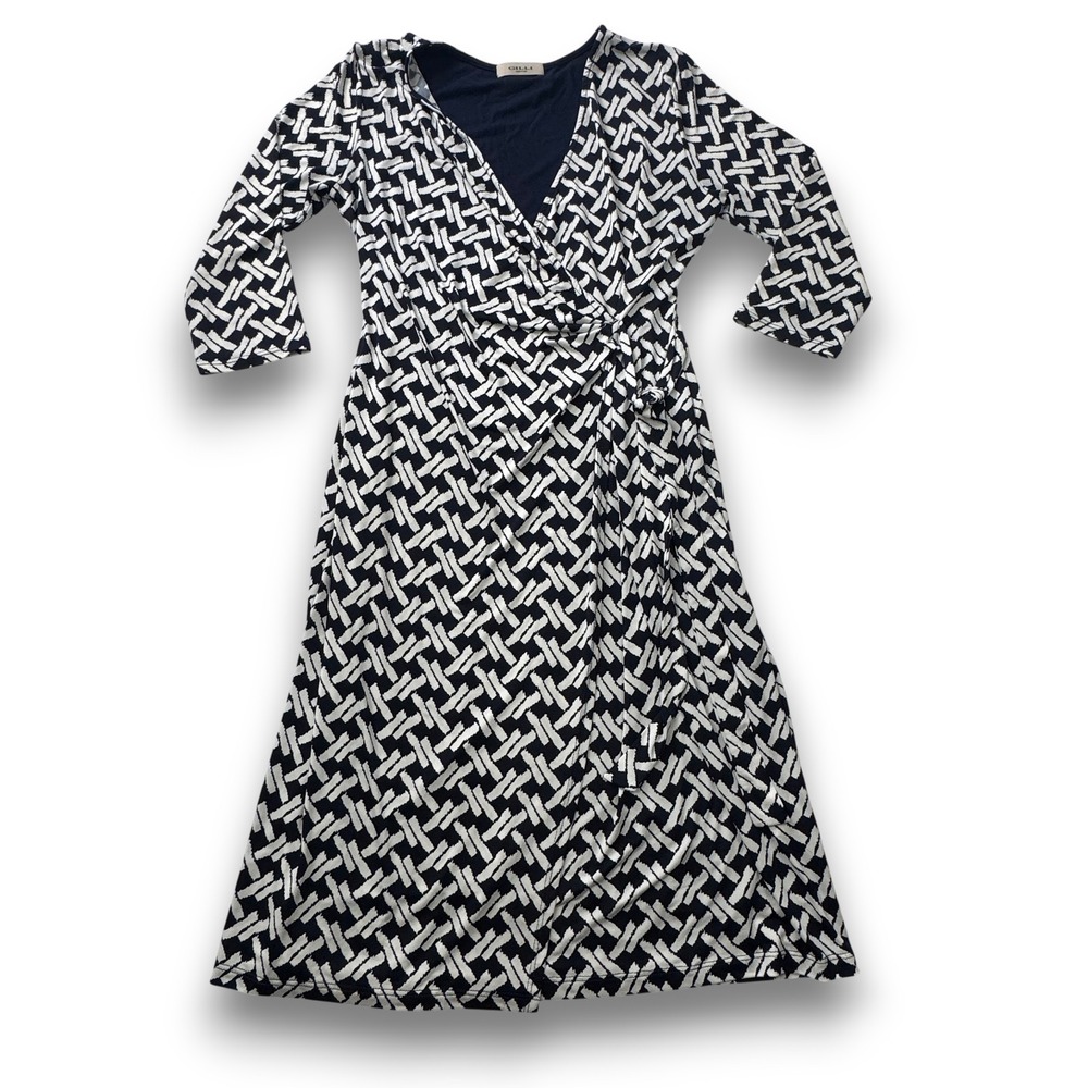Gilli Navy White Geometric Faux Wrap Dress 3/4 Sleeve V-Neck Jersey Knit USA